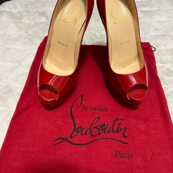 Christian Louboutin Shoes - Christian Louboutin Glossy Red Peep-Toe Heels